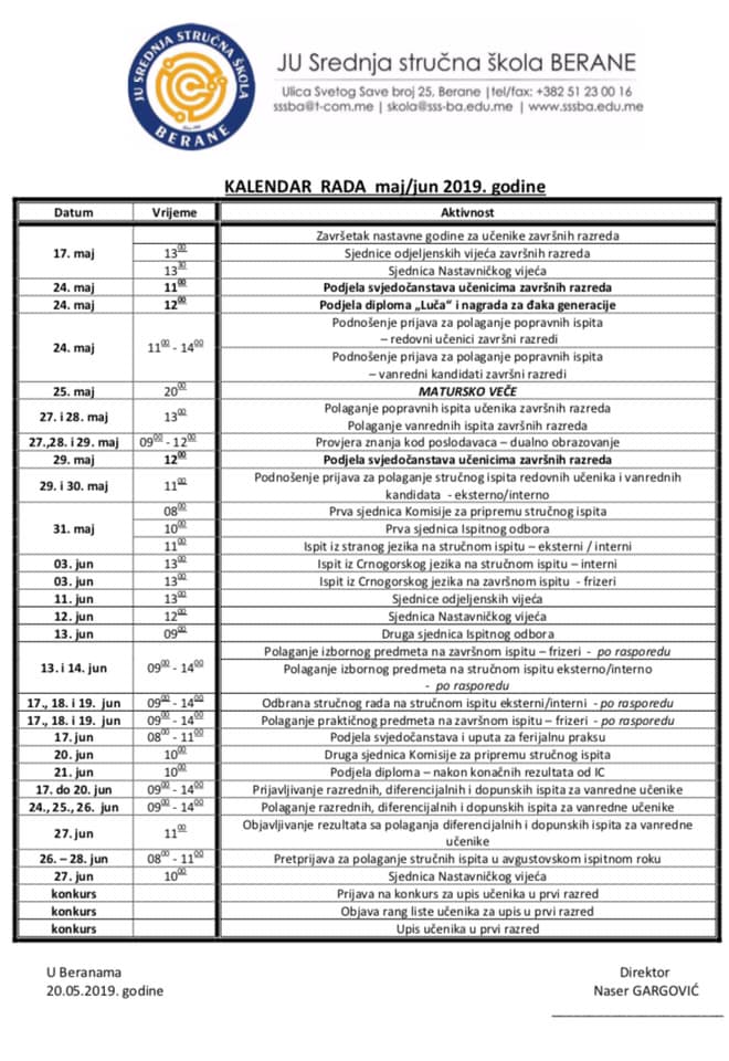 kalendar rada maj, jun